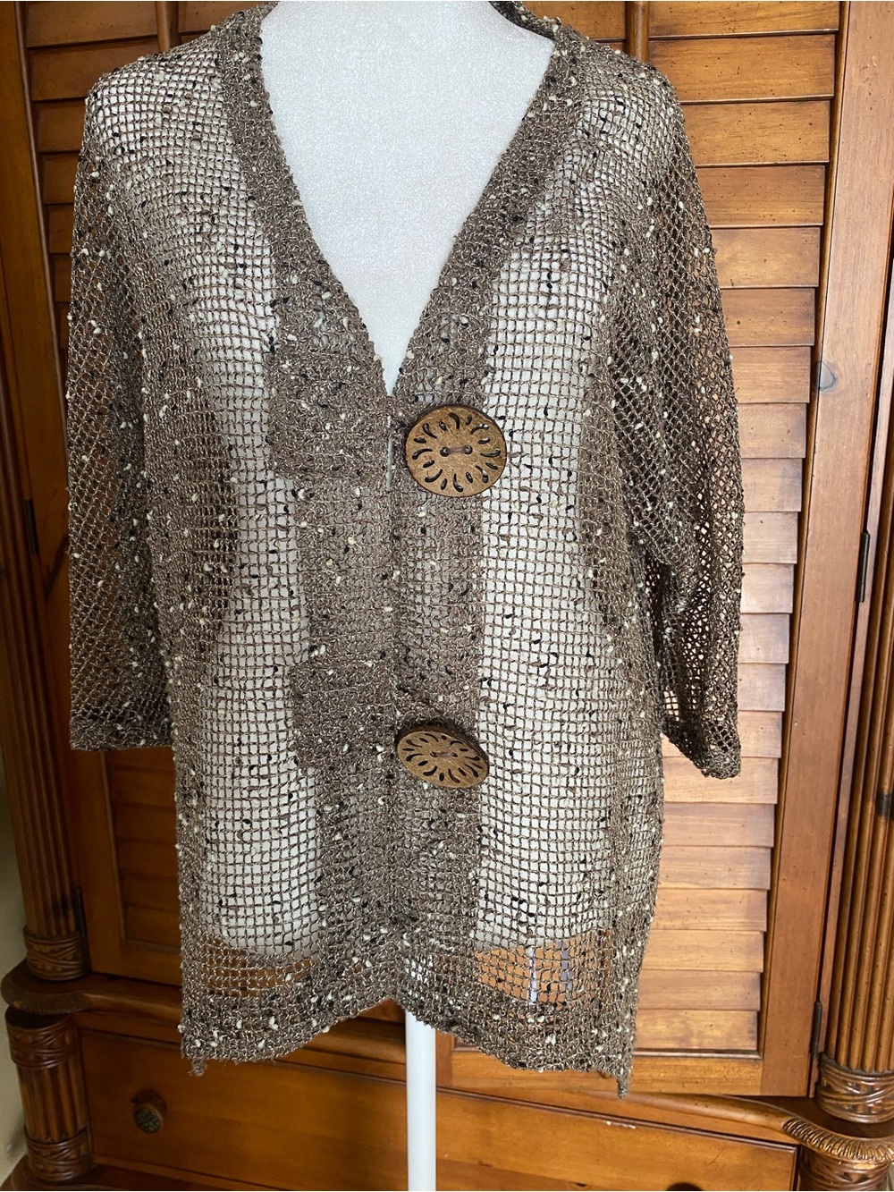 Lulu-B Brown Crochet Open-Weave Button Cardigan
